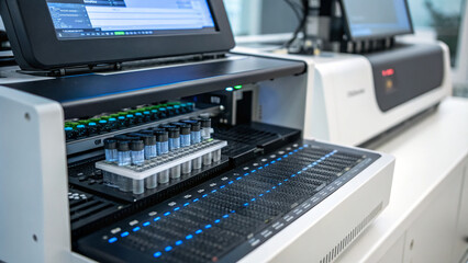 Close-up of a DNA sequencing machine, emphasizing the advancements in biotechnology and genetics
