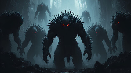 Eerie Pattern of Hulking Beast Silhouettes with Glowing Red Eyes and Sharp Claws in Darkness