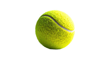 Bright yellow tennis ball with curved white lines, isolated