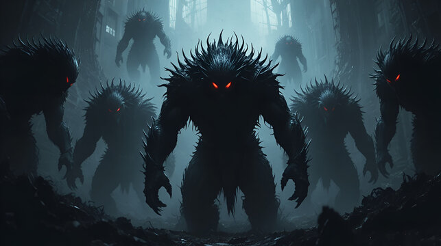 Eerie Pattern of Hulking Beast Silhouettes with Glowing Red Eyes and Sharp Claws in Darkness