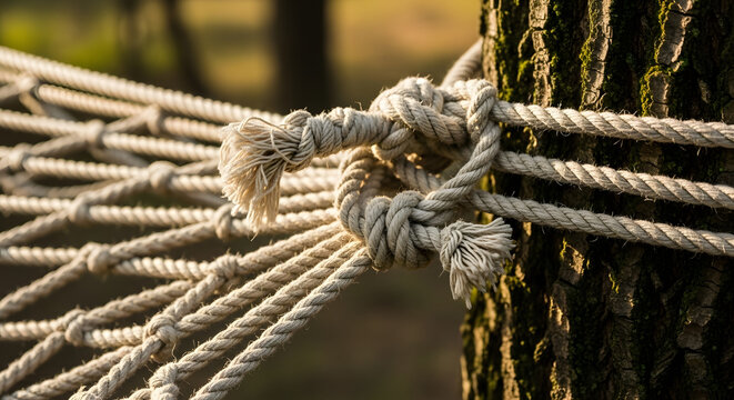 Rope Hammock Attached Securely to a Tree with a Strong Knot, A Close-Up View of a Rope Knot on a Tree Trunk with Green Moss and Bark Details