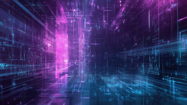 Digital network grid structure with glowing data streams