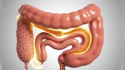 Detailed 3D Medical Animation Depicting the Human Large Intestine and Small Intestine with Illuminated Inner Structures in a Clean Clinical Setting - Powered by Adobe