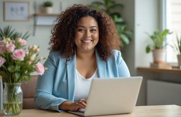 Plus size woman with curly hair smiles using laptop at wooden table. Attractive overweight businesswoman works on computer at home office with flowers, plants. Happy confident pro female entrepreneur.