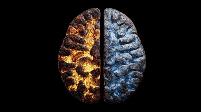 hemispheres. An artistic representation of brain hemispheres, blending warm and cool tones to symbolize creativity and logic. wellbeing guides.