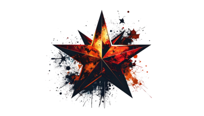 A burning, five-pointed star bursts from a dark, grunge background with flame-like accents. Splatters and smoke surround it