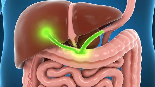 Detailed 3D Medical Animation Depicting the Human Liver Gallbladder and Pancreas Anatomy with Glowing Bile Ducts and Digestive System Structures on a Blue Background