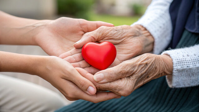 Elderly senior person or grandparent's hands with red heart in support of nursing family caregiver for national hospice palliative care and family caregivers month concept