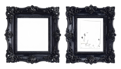 Two ornate black picture frames; one empty, the other containing a simple monochrome drawing. Ornate, dark, and detailed