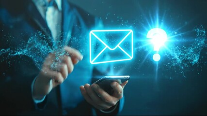 A person in a suit holding a smartphone with glowing digital email and question mark icons above it, representing digital communication and inquiry. - Powered by Adobe