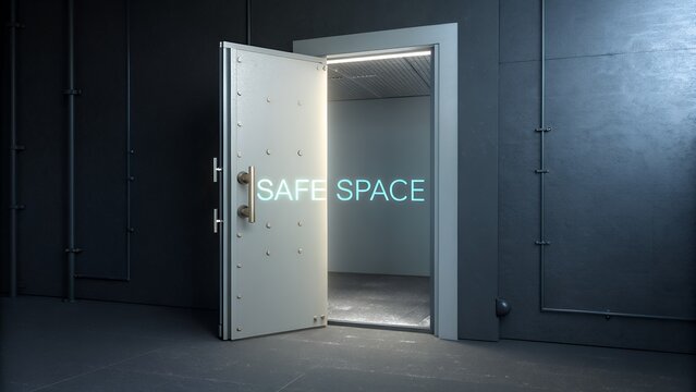 An open minimalist digital vault door with safe space text