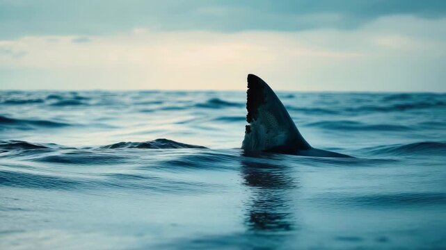 Shark fin emerging from ocean water under cloudy skies