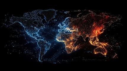 A digital representation of the Earth at night, with continents outlined by glowing lights indicating urban areas and interconnected lines suggesting global net