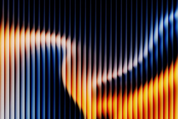 Abstract futuristic background with vertical 3D panels. Dynamic glowing light wave with blue and orange color gradient. Motion effect on black striped surface with grain texture.