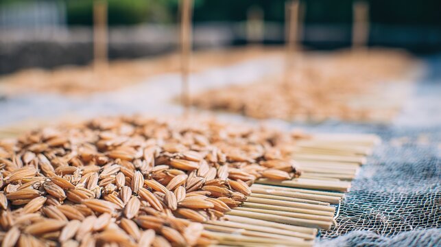 foolishness. Barley grains drying on a mat under soft, natural sunlight. menu design, packaging mockups, designed for culinary blogs and recipe cards for restaurants, used by account managers.