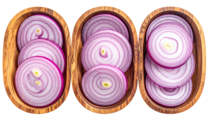 Sliced red onions in three wooden bowls, viewed from overhead