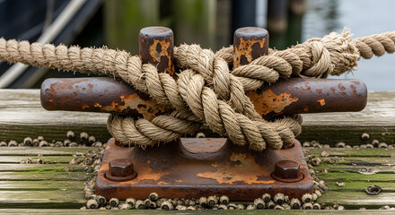 Close-up of weathered mooring bollard with rope knot,Rope tied to rusty dock mooring bollard with barnacles on wooden surface