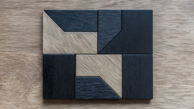 compassionate. Abstract geometric shapes arranged on a wooden surface, representing modern business strategy concepts. pitch deck slides.