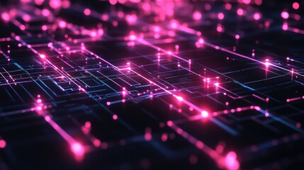 Digital circuit board with glowing data lines and connections