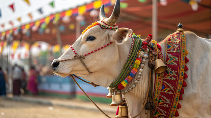 decorated cow. A symbol for Indian religious festivals Cultural celebration