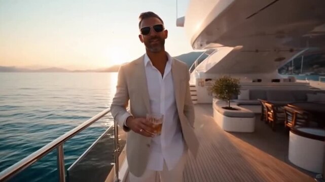 Stylish man in white suit enjoying sunset on luxury yacht – elegant lifestyle at sea
