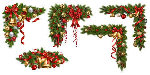 Colorful Christmas Corner Decoration Vectors – Festive Holiday Borders, Ornaments, Wreaths & Decorative Elements for Greeting Cards