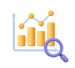 Yellow bar chart with line graph and magnifying glass. Financial stock market, data analysis, statistics, research and business growth concept. 3d vector icon. Cartoon minimal style.