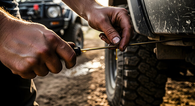 Mechanic Inspecting Car Oil Level with Dipstick, Determining Condition of Engine,Checking Oil Level,Essential Car Maintenance for Engine Performance and Reliability