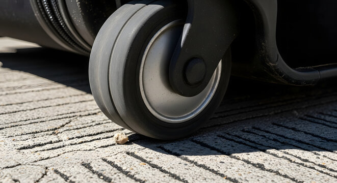 Close-up of a suitcase wheel rolling over a pebble on a patterned concrete surface,A textured, detailed shot of a luggage wheel about to crush a small stone on a sunny day