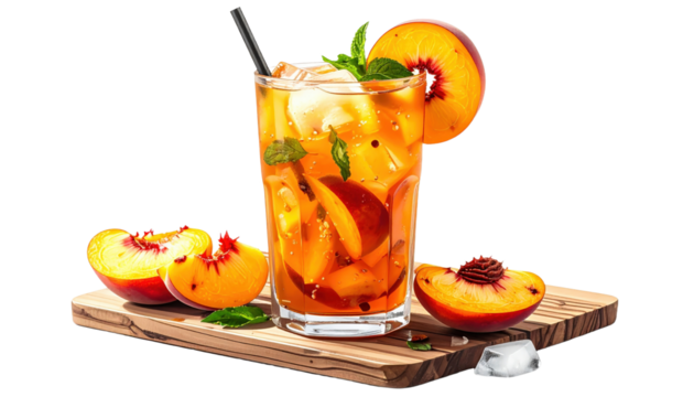 Refreshing Peach Iced Tea with Fresh Fruit and Mint on a Wooden Board