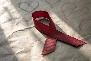 a close up view showcases a vibrant red ribbon symbolizing awareness and support resting upon a textured paper background with sketched hearts
