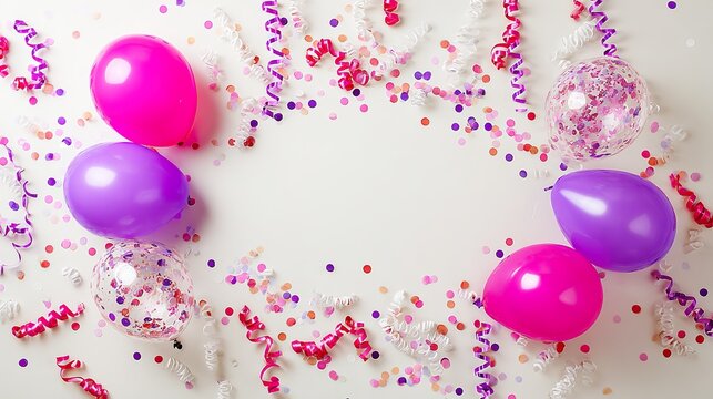 jamboree. Festive frame with balloons, streamers and confetti against simple background in vibrant colors, gardening catalogs, home-decor guides, designed for home decor and floral branding.