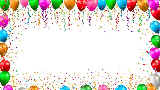 jamboree. Festive frame with balloons, streamers and confetti against simple background in vibrant colors, gardening catalogs, home-decor guides, designed for home decor and floral branding.