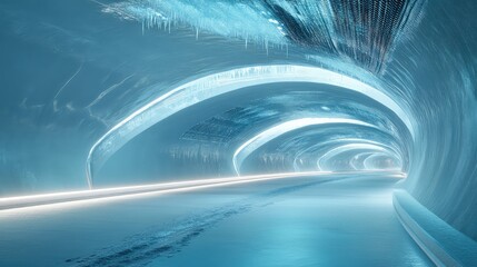 Futuristic ice tunnel with glowing blue light