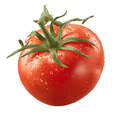 Fresh Ripe Tomato with Green Stem and Water Droplets 
Healthy Eating and Culinary Concepts