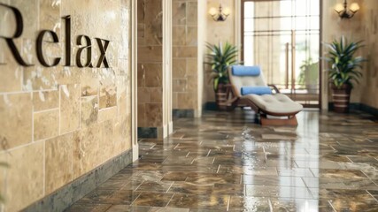 Luxurious spa with tiled floor, wooden lounge chairs, and lush plants