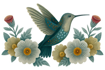 Obraz premium Teal hummingbird with floral border on background flying wings isolated on a transparent background