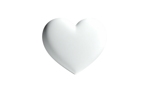3D white heart shape, smooth, against dark, shadowy background