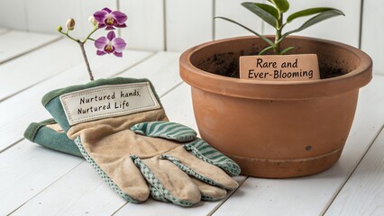 Gardening gloves rest beside a potted plant and orchids with word nurtured hands nurtured life