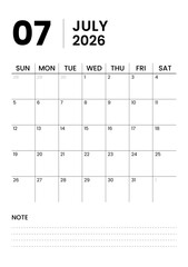Printable Minimalist Monthly Calendar Template for July 2026 in Portrait Format. Monthly Calendar Planner Template for 2026. Week Starts on Sunday