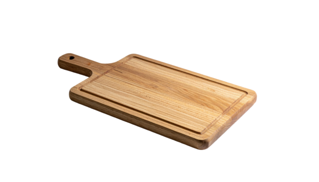 Wooden cutting board with handle, resting against a black background