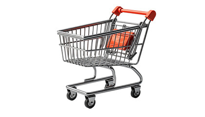 Chrome shopping cart with orange handle and seat, isolated