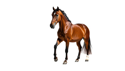 Gleaming brown horse prances, black mane flows