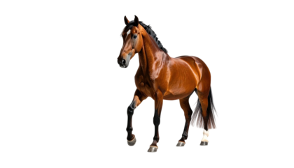 Gleaming brown horse prances, black mane flows