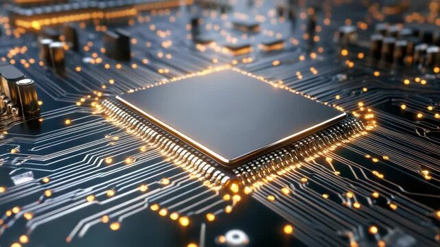 Microchip processor circuit board glowing with data flow and golden traces for seamless data