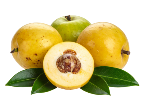 Close-up studio shot of a group of ripe, juicy golden fruits, with one halved revealing a large seed, and green leaves below