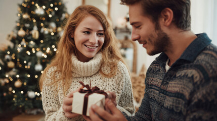 Young couple exchanging a small wrapped gift near a glowing Christmas tree indoors