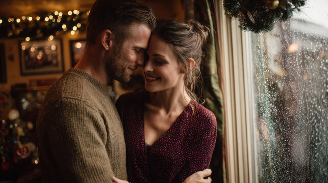 Cozy couple embracing by a rainy window with warm holiday lights in the background