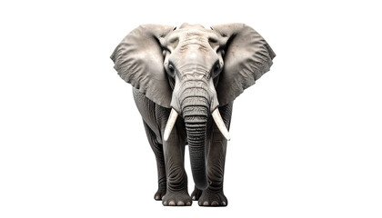 Front view of a grey elephant with tusks