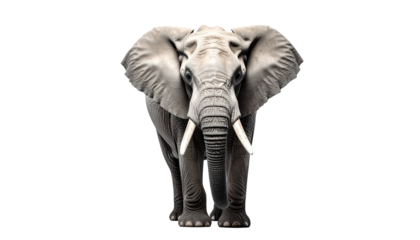 Front view of a grey elephant with tusks